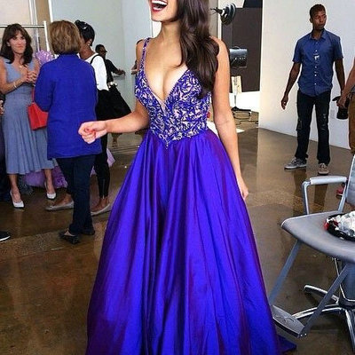 Royal blue embroidery bodice and satin skirt prom dresses pst0204
