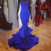 Royal Elegant A Line mermaid blue prom dress ,Formal Evening Gown - Thumbnail 1