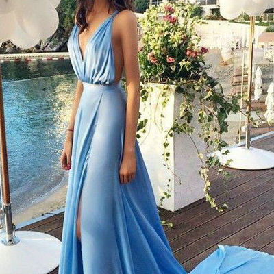 2016 sexy sky blue deep v prom dresses pst0209