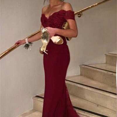 Burgunday off shoulder lace and tulle mermaid celebrity prom dresses pst0210