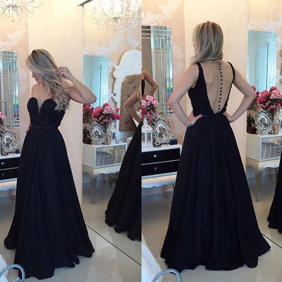 Sexy a line deep v black open back prom gowns evening dresses pst0170