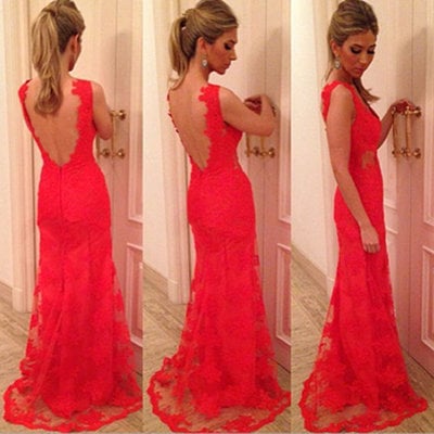 Red lace prom dresses open back pst0167