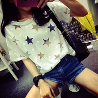 Harajuku hollow five-pointed star satellite network yarn stitching loose short-sleeved T-shirt - Thumbnail 1