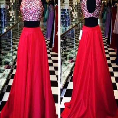 Two piece halter beading key-hole back satin prom dress long evening dress