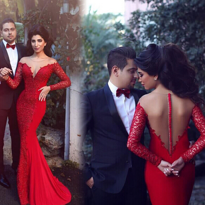 Red prom dress, lace prom dress, long sleeve prom dress, mermaid prom dress, seen through back prom dress, sexy prom dress, long prom dress, pd15279