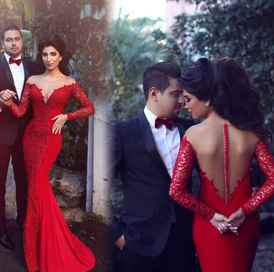 Red prom dress, Lace prom dress, Long sleeve prom dress, Mermaid prom dress, Seen through back prom dress, Sexy prom dress, Long prom dress, PD15279