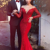 Red prom dress, Lace prom dress, Long sleeve prom dress, Mermaid prom dress, Seen through back prom dress, Sexy prom dress, Long prom dress, PD15279 - Thumbnail 1