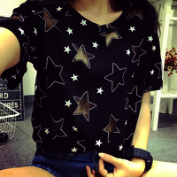 Harajuku Hollow Five-pointed Star Satellite Network Yarn Stitching Loose Short-sleeved T-shirts - Thumbnail 1