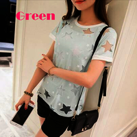 Harajuku Hollow Five-pointed Star Satellite Network Yarn Stitching Loose Short-sleeved T-shirts - Thumbnail 3