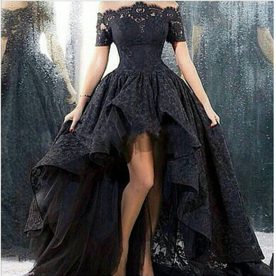Black prom dresses hi-lo dresses with sleeves pst0293