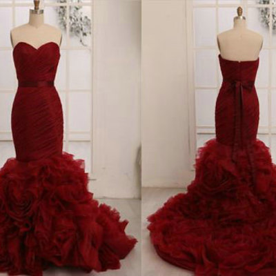 Burgundy mermaid tulle prom dresses pst0302