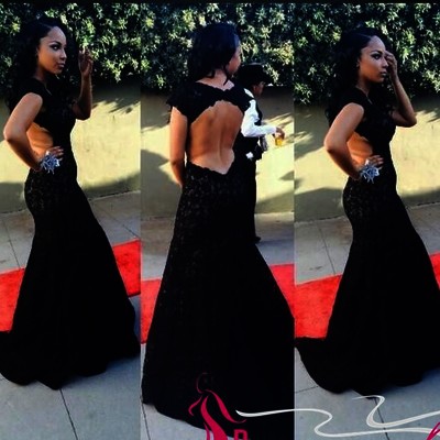 Floor length black lace mermaid prom dresses open back pst0047
