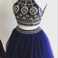 2 piece Jewel beading split skirt lace short prom dress ,sexy evening dress - Thumbnail 1