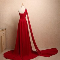 One-shoulder sweetheart beading sweep train long mermaid prom dress red evening dress - Thumbnail 1