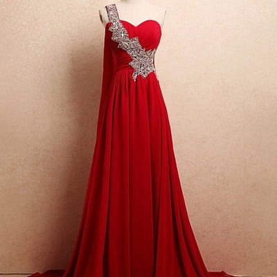 One-shoulder sweetheart beading sweep train long mermaid prom dress red evening dress