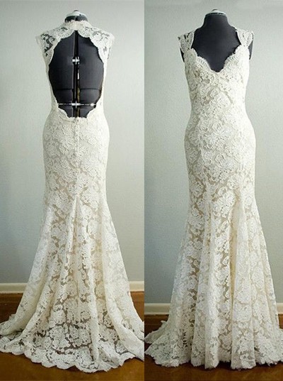 Lace diomand collar key-hole back sleeveless wedding dress