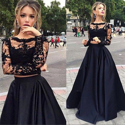 Beauty a-line long sleeve floor-length satin black prom dresses long evening dress,dresses for prom, sexy prom dress
