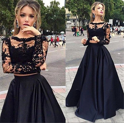 Beauty A-Line Long Sleeve Floor-Length Satin Black Prom Dresses long evening dress,dresses for prom, sexy prom dress
