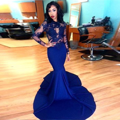 Royal blue prom dress, mermaid prom dress, sexy prom dress, lace prom dresses, long sleeve prom dress, prom dress 2016, long prom dress, PD15395