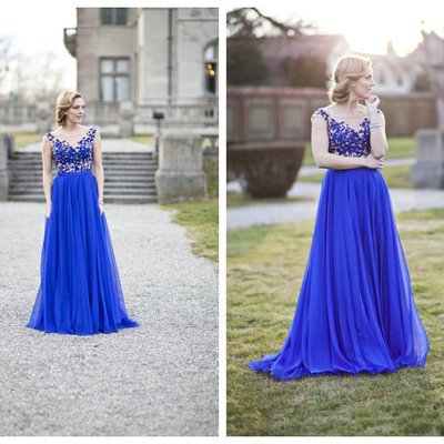 Royal blue lace prom dresses floor length pst393
