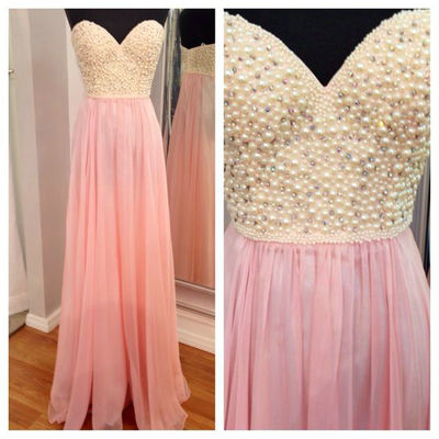 Beaded chiffon prom dress with pearls floor length pst420