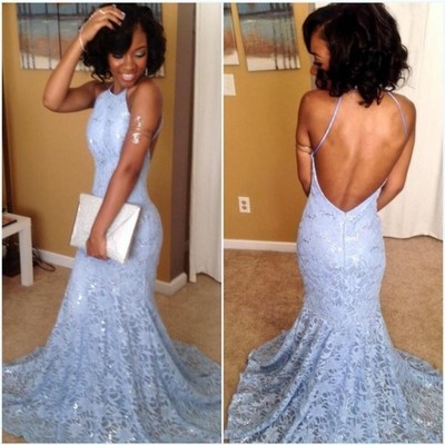 Blue lace prom dress, long prom dress,mermaid prom dress, backless prom dress, sexy prom dress, evening dress, e42299 - Thumbnail 5