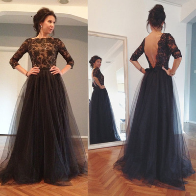 Black Prom Dress, Lace Prom Dress, Long Sleeves Prom Dress, Backless Prom Dress, Party Prom Dress, Long Evening Dress,BD144502