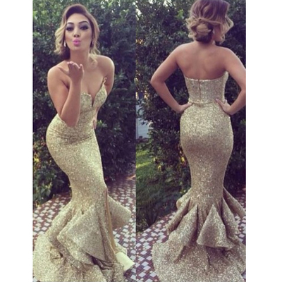 Long gold sequin prom dress, sparkle  mermaid prom dress,  sweetheart prom dress, bd145292