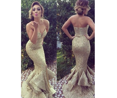 Long Gold Sequin Prom Dress, Sparkle  Mermaid Prom Dress,  Sweetheart Prom Dress, BD145292