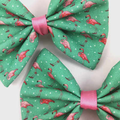Teal mini flamingo fabric hair bow handmade hair clip accessory - Thumbnail 4