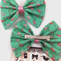 Teal Mini Flamingo Fabric Hair Bow Handmade Hair Clip Accessory - Thumbnail 4