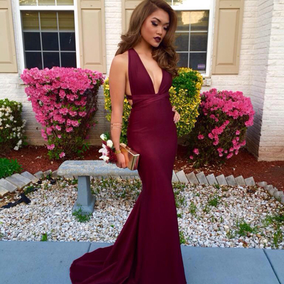 Mermaid burgundy prom dress,sexy open back prom dresses,backless sexy party dress,burgundy mermaid prom gown - Thumbnail 5
