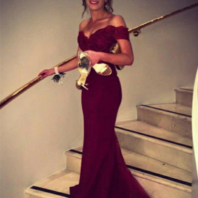 Mermaid off shoulder burgundy prom dress,sexy off shoulder lace prom gown,burgundy lace sexy graduation dress,sexy party dress