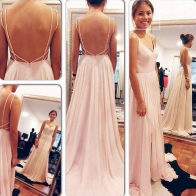 Sexy open back pink prom dress,backless sexy prom gown,straps v-neckline party dress