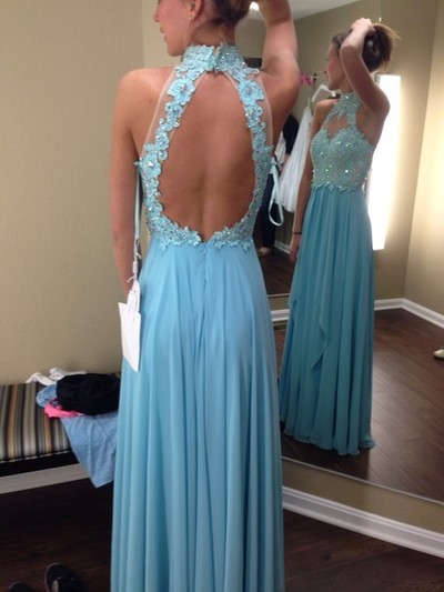 Blue Lace Keyhole Back Prom Dress,Halter Neckline Lace Prom Gown,Sexy Open Back Graduation Party Dress