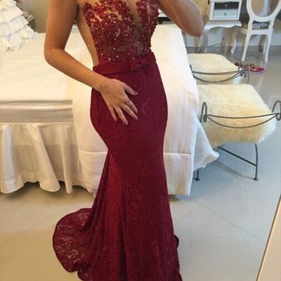 Mermaid burgundy prom dress,illusion lace burgundy prom gown,sexy open back lace graduation dress