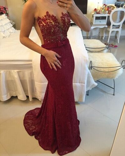 Mermaid Burgundy Prom Dress,Illusion Lace Burgundy Prom Gown,Sexy Open Back Lace Graduation Dress
