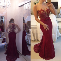 Mermaid Burgundy Prom Dress,Illusion Lace Burgundy Prom Gown,Sexy Open Back Lace Graduation Dress - Thumbnail 1