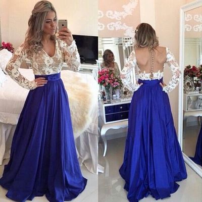 Long sleeves lace prom dress,open back royal blue prom gown,sexy backless graduation dress