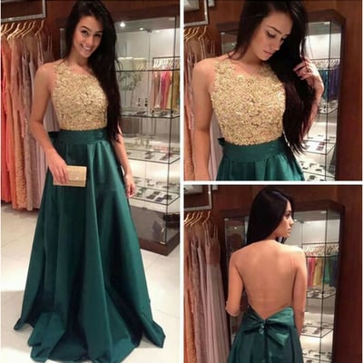 Jewel neckline satin bowknot see-through backless long prom dress