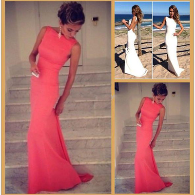 High neck bateau simple chiffon backless prom dress ,evening dress