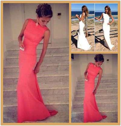 High Neck Bateau simple chiffon backless prom dress ,evening dress