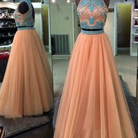 Two Piece Crystals High Neck Tulle Hollow Back Vintage long prom dress, Party Dresses - Thumbnail 2