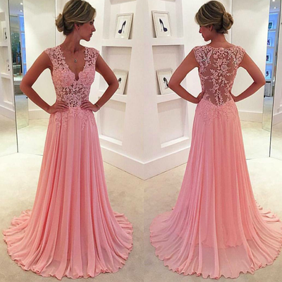 Lace v-neck see-through long chiffon prom dress blush pink vintage lace classic prom dresses 2016