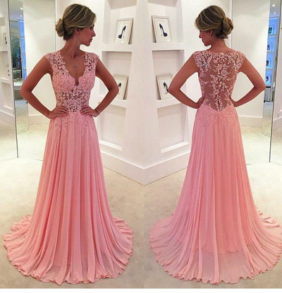 Lace V-neck see-through long chiffon prom dress Blush Pink Vintage Lace Classic Prom Dresses 2016