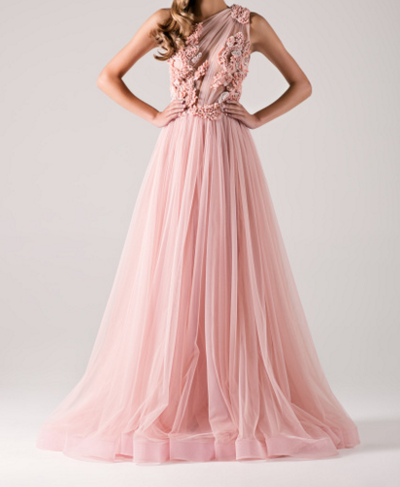 lace prom dress, long prom dress,A-line prom dress, pink prom dress,  one shoulder prom dress, party gown, E42236