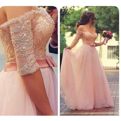 Mid sleeves prom dress, long prom dress,a-line prom dress, pink prom dress,  off shoulder prom dress, party gown, e42820