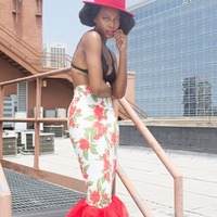Red Floral Pencil Skirt - Thumbnail 2