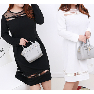 Xl-4xl white/black hollowed-out lace long-sleeved dress sp165600