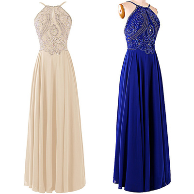 Long chiffon prom dress halter bridesmaid dresses with beads champagne 